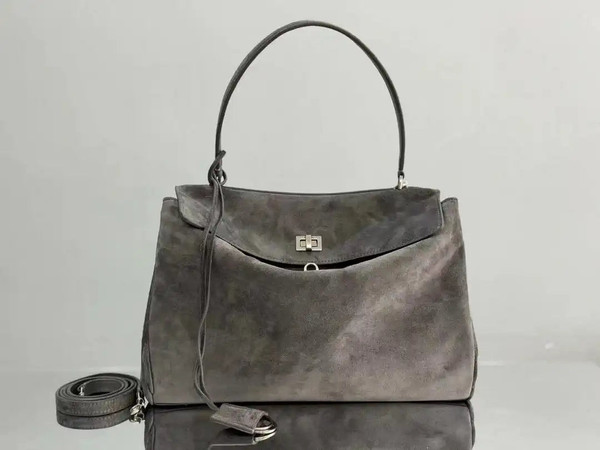 Balenciaga 7897722 Rodeo Handbag Medium in Suede Gray aged-Silver