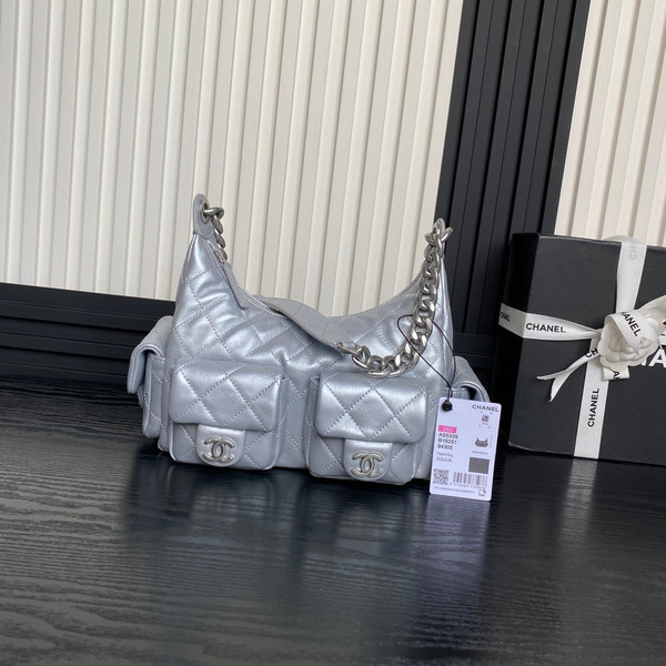 Chanel AS5339 Small Hobo Shiny Lambskin & Silver-Tone Metal Silver