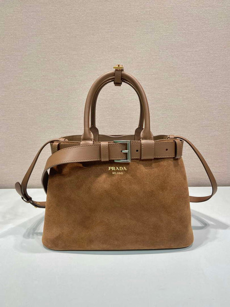 Prada 1BA434 Caramel Prada Buckle Medium Suede Handbag With Belt
