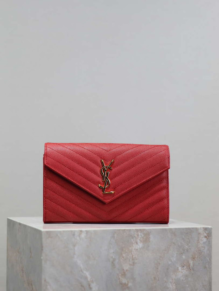 YSL 377828 Classic Cassandre chain wallet in grain de Poudre leather Red