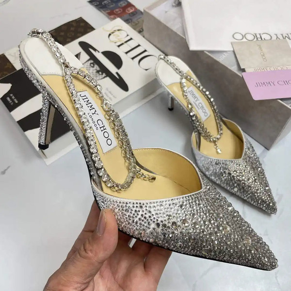 Jimmy Choo SAEDA100ZPJ Gold Satin Pumps with Crystals JC90005