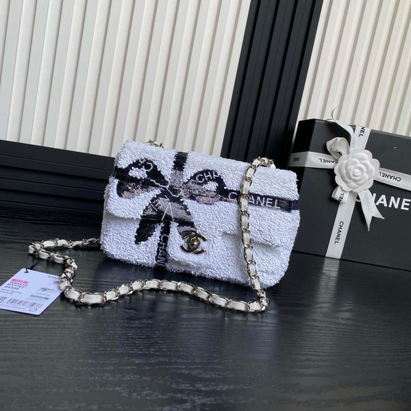 Chanel AS4561 Evening Bag Sequins & Silver-Tone Metal White & Black