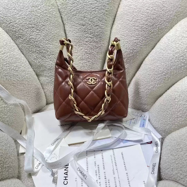 Chanel AS4922 Small Hobo Shiny Lambskin & Gold-Tone Metal Brown