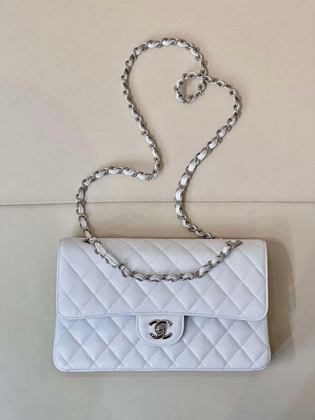 Chanel A01112 Flap Classic 11.12 Handbag Calfskin Silver Tone Metal White