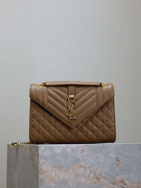 YSL 600185 Envelope Meduim In Quilted Grain De Poudre Embossed Leather Caramel
