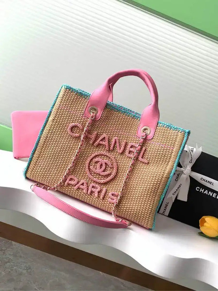 Chanel AS3257 Small Shopping Bag Raffia Beige &Blue Pink