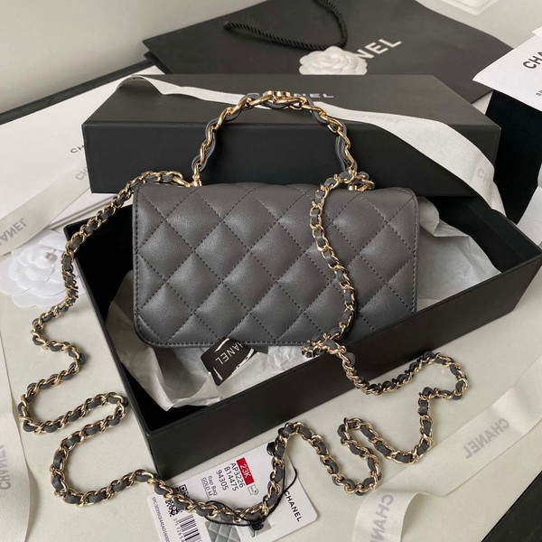 Chanel Phone Holder with Chain CC Lambskin & Gold-Tone Metal AP3226 Gray