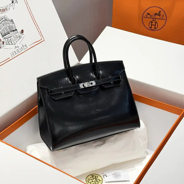 Hermes Birkin 25 Box Bag Black Silver Buckle  H92111