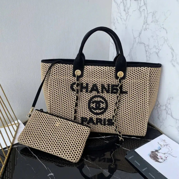 Chanel AS3257 Small Shopping Bag Raffia  Beige & Black