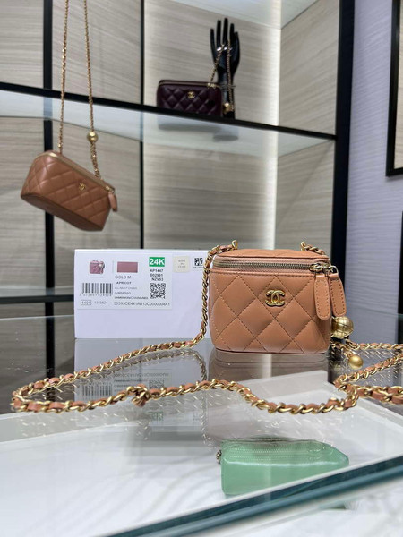 Chanel AP1447 small Vanity with chain lambskin gold Adjustable small gold balls Brown