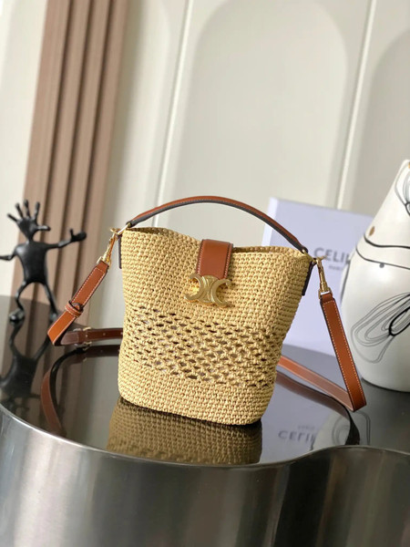 Celine 119742 Small Louise Bucket In Raffia And Calfskin Natural