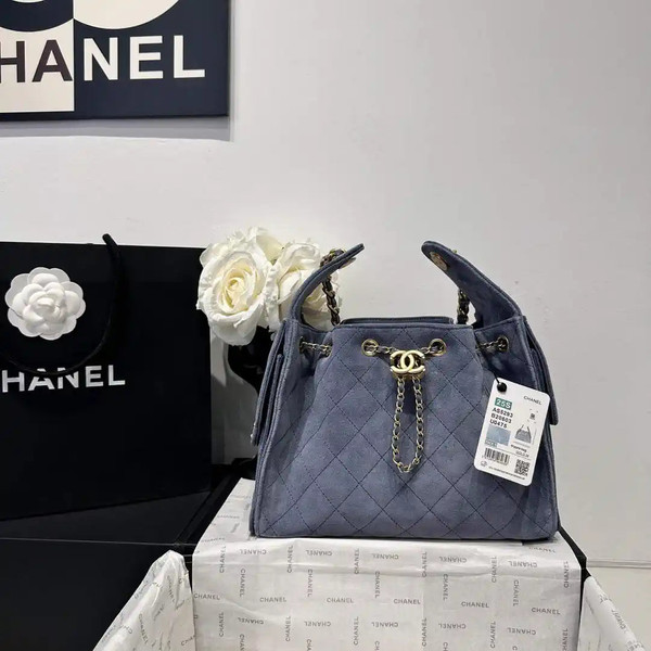 Chanel AS5293 Small Hobo Suede & Gold-Tone Metal Gray Blue