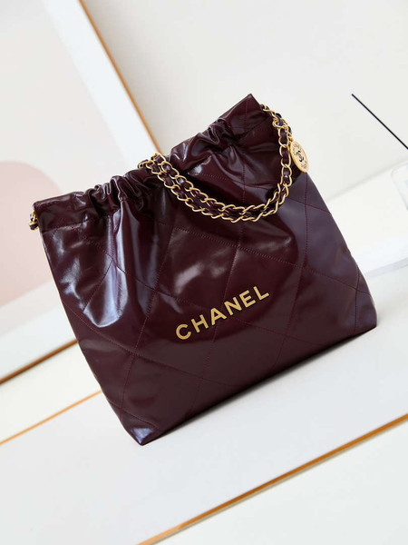 Chanel 22 AS3260 Small Handbag Shiny Calfskin Dark Red Gold