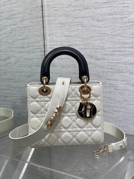 Dior M0531OUQA_M030 Small Lady Dior Bag with thin shoulder Strap Latte Cannage Lambskin Black Handle Gold