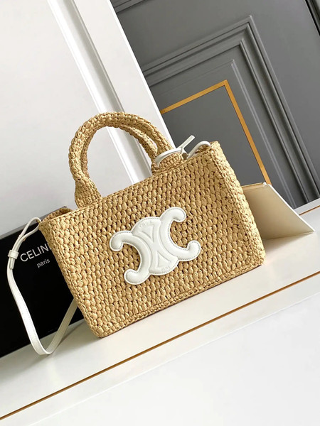 Celine 199162 Tote Classic Panier In Raffia And Calfskin Natural & White
