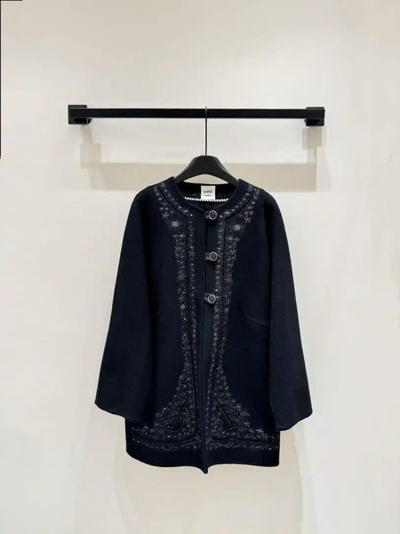 Hermes Women Embroidered hollow double-faced cashmere mid-length coat H33360