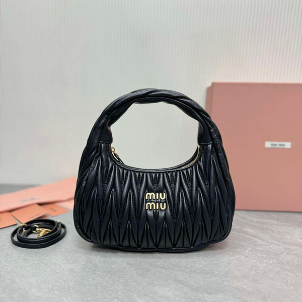 MiuMiu 5BC153 Wander matelassé nappa leather hobo bag Black