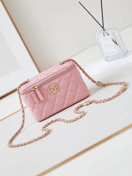 Chanel AP4301 Clutch Embossed Rhinestone with Chain Vanity Box bag Light Pink