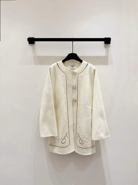 Hermes Women Embroidered hollow double-faced cashmere mid-length coat H33361