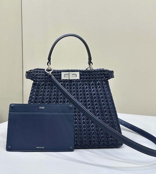 Fendi 8BN321 Peekaboo ISeeU Medium Dark Blue interlace leather bag 80138L