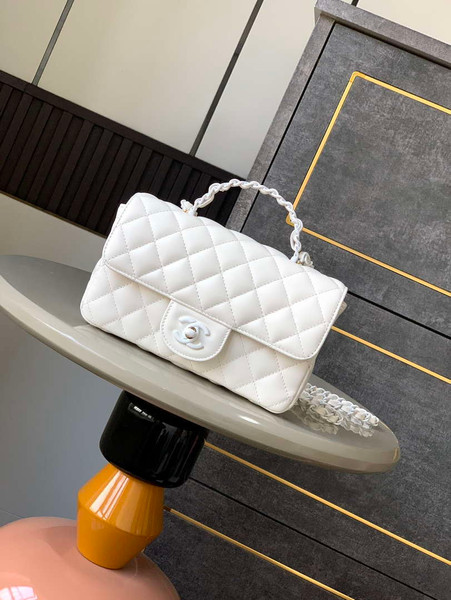 Chanel AS5243 Mini Flap Bag with Top Handle Lambskin & Lacquered Metal White
