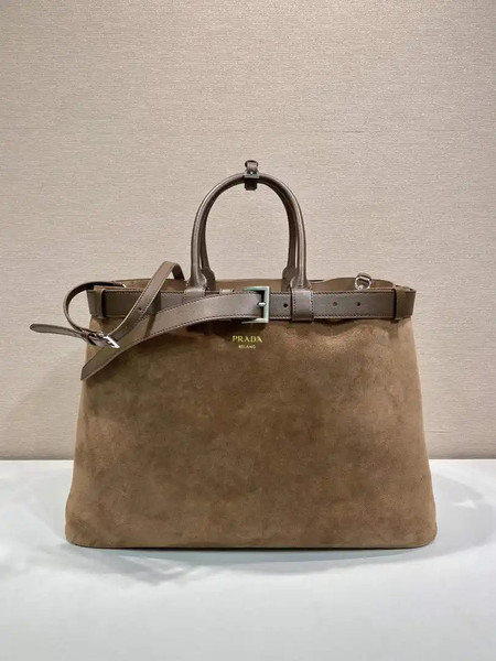 Prada Buckle Suede leather bag with belt 2VG126 Brown