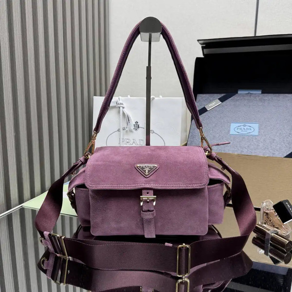 Prada Explore medium suede shoulder bag with flap 1BD394 Purple Red