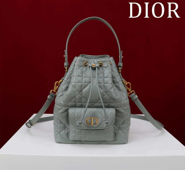 Dior Small Caro Bucket Bag Powder Gray Macrocannage Lambskin M3372