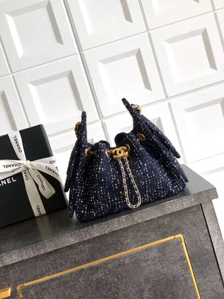 Chanel AS5631 Mini Hobo Tweed & Gold-Tone Metal dark Blue