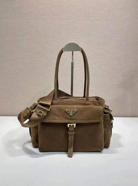 Prada Explore medium suede leather tote bag 1BG596 Dark Brown