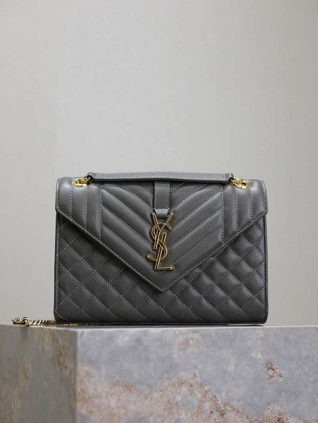 YSL 600185 Envelope Meduim In Quilted Grain De Poudre Embossed Leather Gray