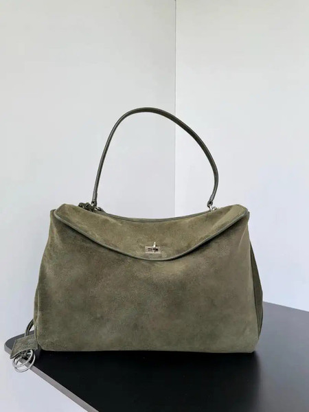 Balenciaga 7897442 Rodeo Handbag Large in Green Suede aged-Silver