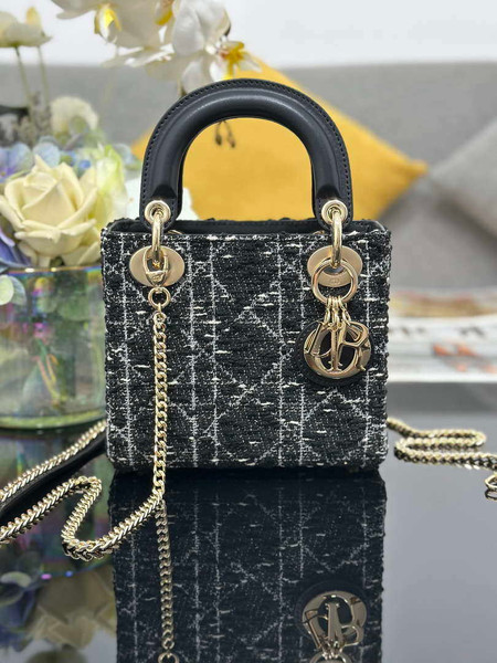 Dior M0505 Mini Lady Dior Bag Calfskin with Tweed Black