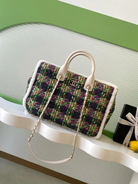 Chanel AS5689 25N Tweed Shearling Lambskin Green & Purple