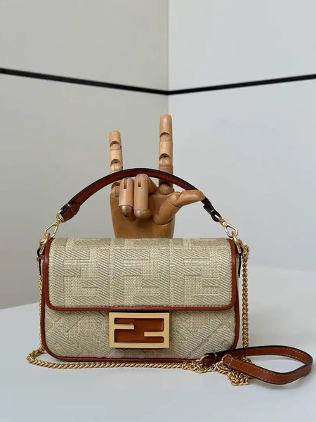Fendi 8BS017 Mini Baguette canvas bag with FF embroidery 0159BS Tan