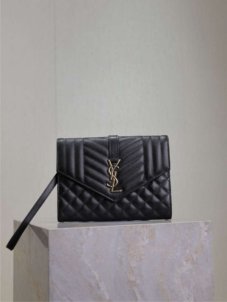 YSL 617662 Cassandre Matelassé Flap pouch in grain de Poudre leather Black