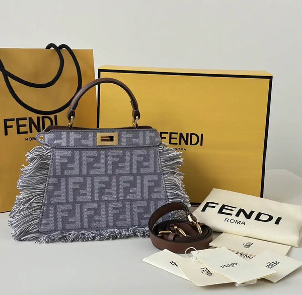 Fendi 8BN335 Peekaboo ISeeU Petite Blue denim-effect FF jacquard bag