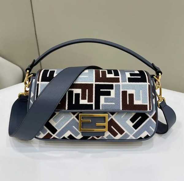 Fendi 8BR600 Baguette Medium bag with FF embroidery 0159BM Brown& Blue