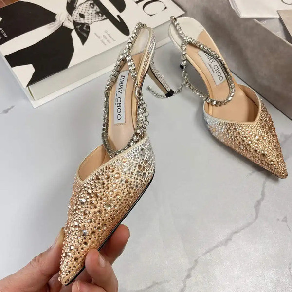 Jimmy Choo SAEDA100ZPJ Gold Satin Pumps with Crystals JC90003