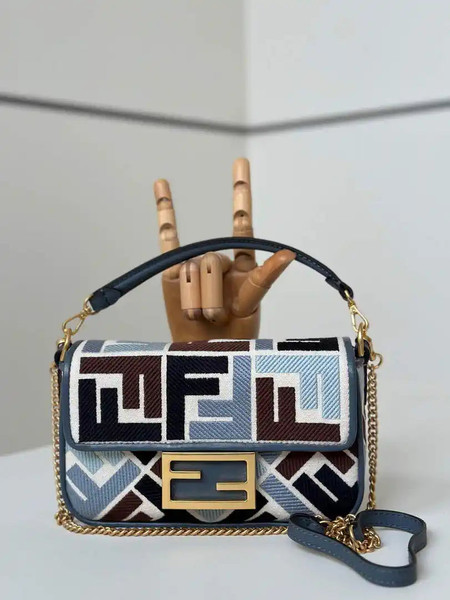 Fendi 8BS017 Mini Baguette canvas bag with FF embroidery 0159BS Blue &Black