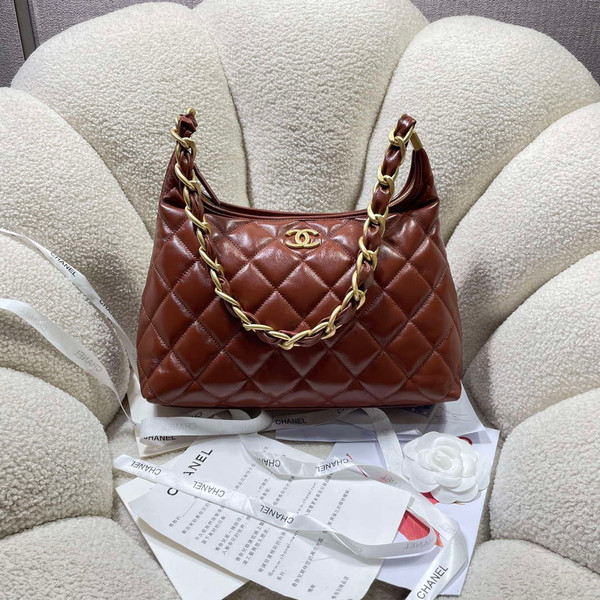 Chanel AS4923 Large Hobo Shiny Lambskin & Gold-Tone Metal Brown