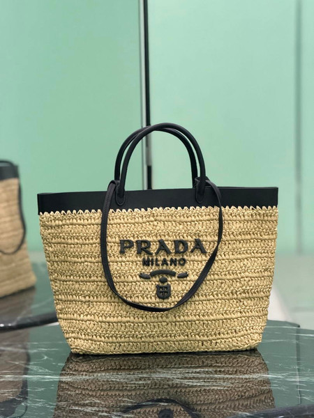 Prada Medium crochet and leather tote bag 1BG499 Black