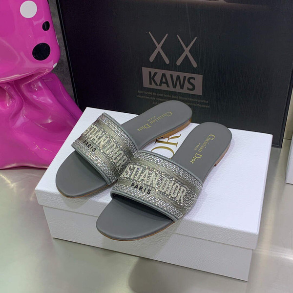 Dior Women's Shoes Dway Slide Diamond Embroidered KCQ166ERC Gray