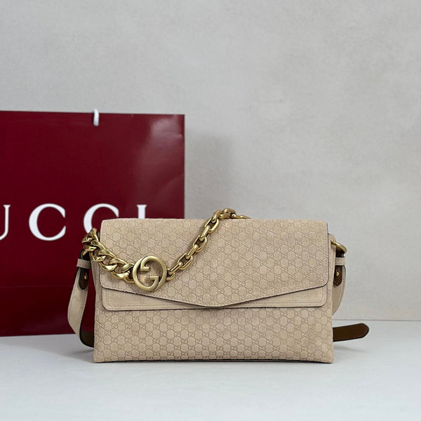 Gucci 857622 Medium Shoulder Bag Suede Beige GG