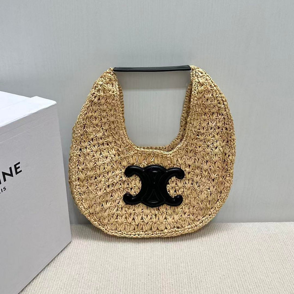 Celine classic panier HOBO BAG IN Raffia and Calfskin 112772 Nuture Black