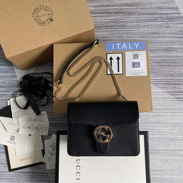 Gucci 510304 Interlocking Black Leather Chain Cross Body Bag