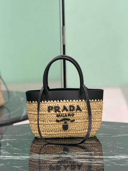 Prada Mini crochet and leather tote bag 1BG501 Black