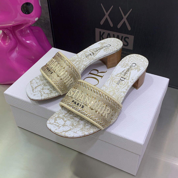 Dior Women's Shoes Dway Heeled Slide Metallic Thread Strass KCQ244CHS Gold
