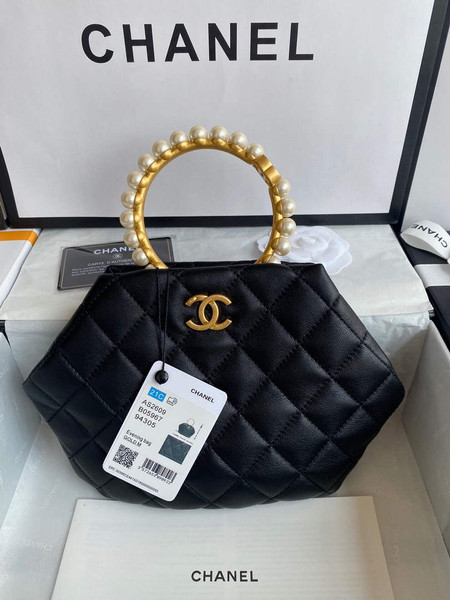 Chanel Women's Bag Sheepskin Pearl Handle Evening Bag Handbag AS2609 Black