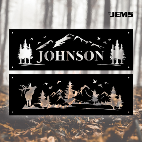Custom metal wall art with mountain scenery, wildlife, and personalized name cutout. Durable, powder-coated steel perfect for home, cabin, or lodge Custom metal wall art with mountain scenery, wildlife, and personalized name cutout. Durable, powder-coated steel perfect for home, cabin, or lodge